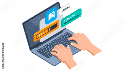 Isometric online learning with laptop and hands typing on keyboard