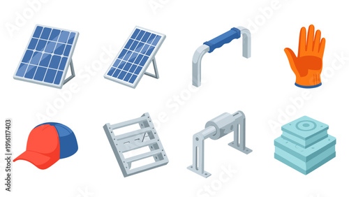 Isometric set: solar panels, hand grip, work glove, cap, metal structures, and concrete blocks
