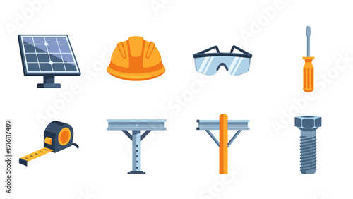 Construction tools and safety equipment set in flat style