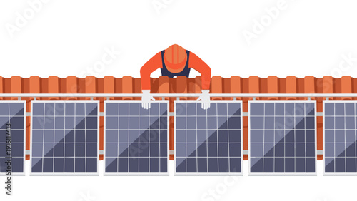 Worker installing solar panels on rooftop in minimalist style