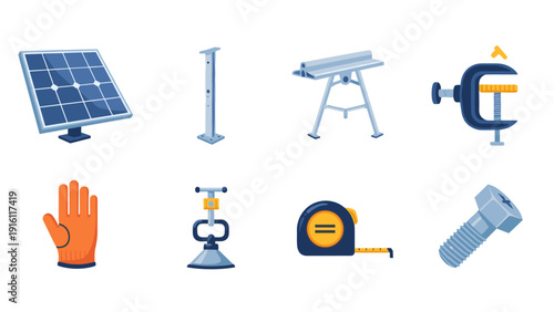 Toolkit essentials: solar, tools, and equipment in minimalist style