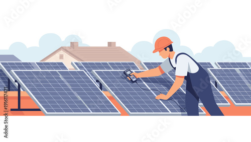 Engineer inspecting solar panels for sustainable energy in a modern flat design