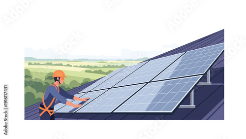 Technician installing solar panels on roof in landscape setting