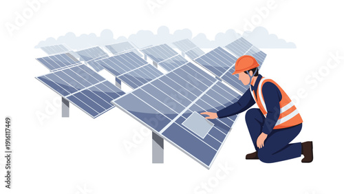 Technician inspecting solar panels on a sunny day