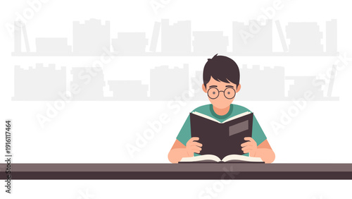Young man reading a book in minimalist library setting