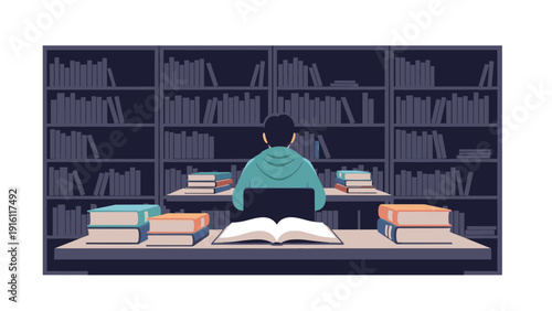 Back view of student studying in library with bookshelves and open books in modern flat design