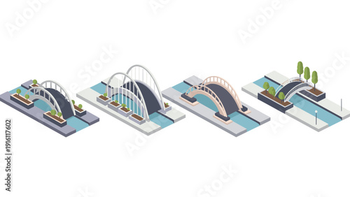 Isometric design of modern bridges over water canals with trees and pathways
