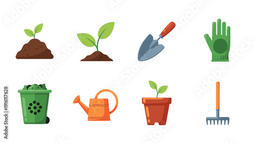 Gardening tools and plants icons collection for horticulture and eco-friendly design