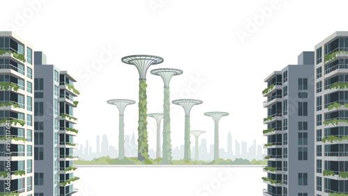 Futuristic urban skyline with vertical gardens and supertree structures