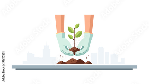 Flat design hands planting seedling: urban gardening concept with green leaves and soil