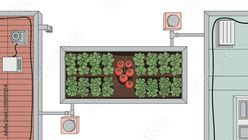 Urban rooftop garden with fresh vegetables and tomatoes viewed from above