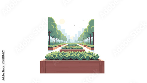 Urban greenery: illustrated urban garden scene with cityscape and trees