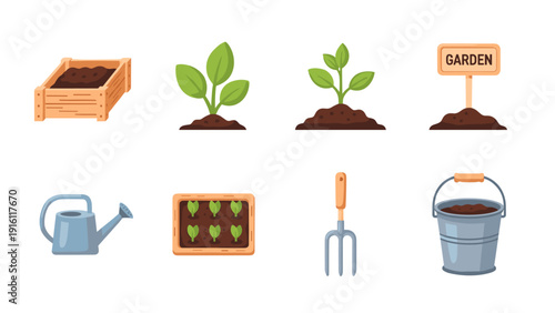 Gardening tools and plant growth icons for home garden enthusiasts