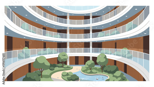 Modern indoor courtyard with garden and water feature in minimalist architectural design