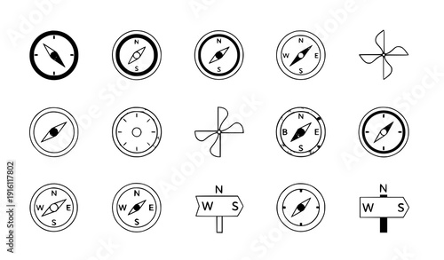 Title
Compass navigation flat icon set with wind rose and directional symbols for geographical positioning vector design