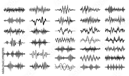 SEO Title
Digital and analog sound wave signs vector set representing electronic audio signals and music waveforms