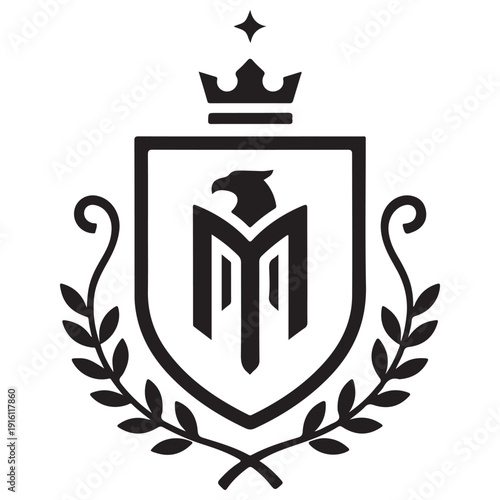Minimalist heraldic crest logo featuring a stylized eagle head integrated into a geometric letter M within a shield, topped with a crown and star, framed by a laurel wreath for a prestigious look.