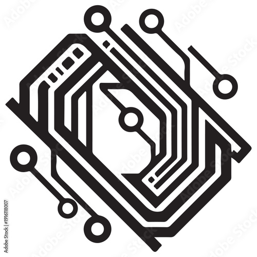 Minimalist Computer Microchip and CPU Circuit Board Icon Representing High-Tech Data Processing and Digital Hardware Engineering in a Clean Black and White Vector Line Art Style.