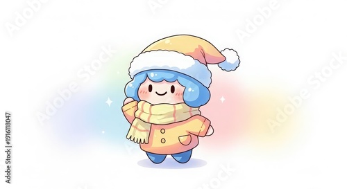 Cute cartoon character wearing a yellow winter hat and scarf with a yellow coat and blue boots image