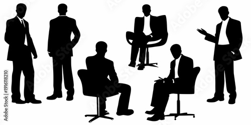 Silhouettes of business people in various poses discussing and collaborating