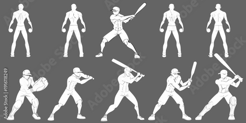 Baseball player animation sequence illustrated with white outlines on a dark background