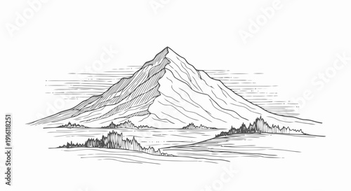 Detailed Sketch of Mountain Landscape Peak.