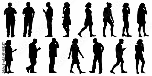 Silhouettes of people in various poses and professional attire walking