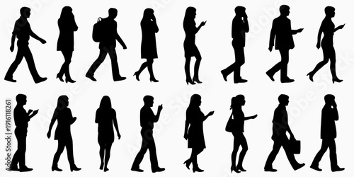 Silhouettes of people walking in various poses and clothing styles