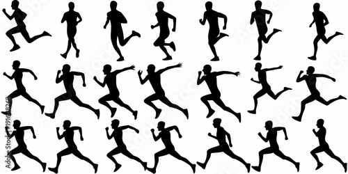 Silhouettes of people in various running and walking poses a dynamic collection