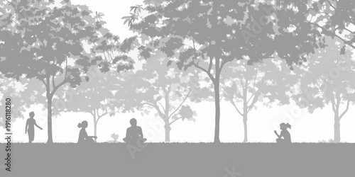 Silhouetted people relaxing and interacting within a park landscape