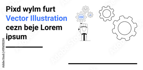 Automation, technology, CRM management, industrial processes, digital workflows, robotic interaction. Robotic hand interacting with CRM button and gears. Automation and technology process concept