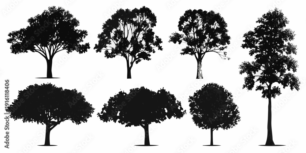 Fototapeta premium Collection of black silhouette trees with varying shapes and foliage density