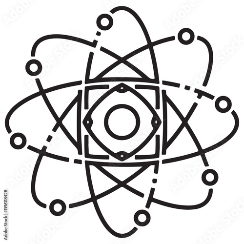 Stylized atom icon with orbiting electrons and geometric nucleus representing science and physics. Black line art vector illustration isolated on white background for nuclear energy concepts.