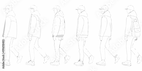 Line drawing of six men walking each in different casual attire