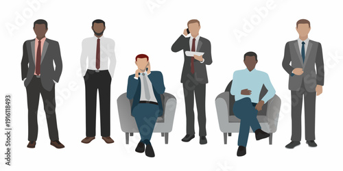 A group of diverse businessmen in suits gathered in a modern office setting