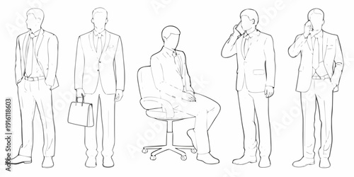 Line art illustrations of businessmen in suits some using phones