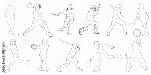 Line art illustration of baseball players in various action poses and stances