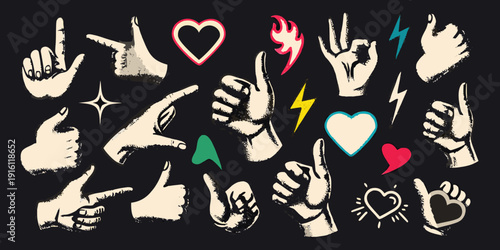 A collection of diverse hand gestures hearts and lightning bolt symbols