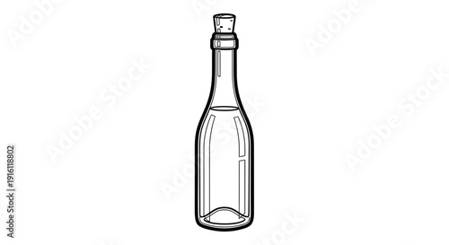 Clear Glass Bottle with Cork Stopper, Outline Drawing, Isolated on White Background