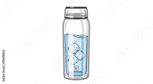 Clear Glass Water Bottle with Ice Cubes and Blue Liquid
