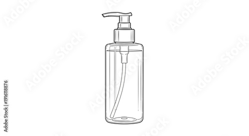 Clear plastic pump bottle with liquid, isolated on white background, line drawing.