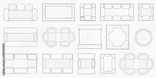 Top down views of furniture layouts and arrangements in a minimalist style
