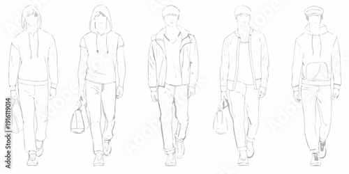 Fashion sketches of five figures walking showcasing hooded and casual streetwear styles
