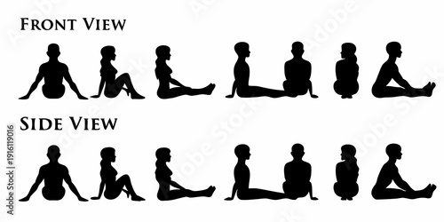 Silhouettes demonstrating various yoga poses front and side views