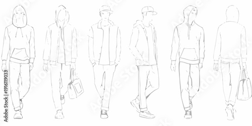 Fashion sketches of people wearing casual streetwear clothing in line art style