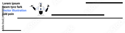 Technology, automation, robotics, innovation, industrial processes, technical advancements. Robot holding tools with space for text. Technology and automation