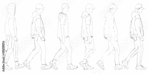 Line art illustration of six young men in casual walking poses