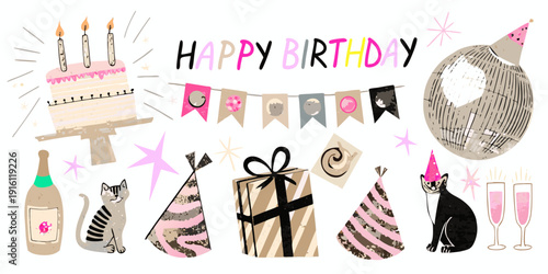 Festive birthday illustration featuring a cake cats and celebratory decorations