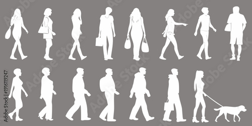 Silhouettes of people and a dog in various walking poses against a gray background
