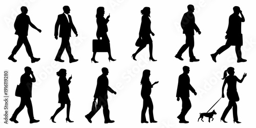 Silhouettes of people walking in various poses and business attire